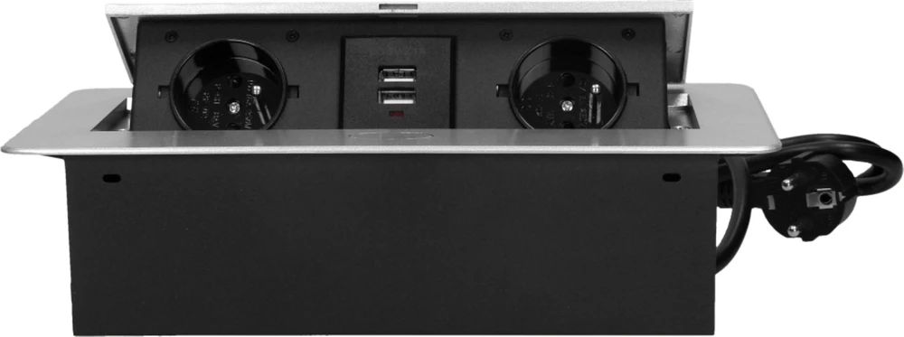 Orno Lizdas Baldų lizdas, įleidžiamas į stalviršį, su plokščiu frezuotu kraštu, USB įkrovikliu ir 3 m laidu, 2x2P+Z, 2xUSB, sidabrinis