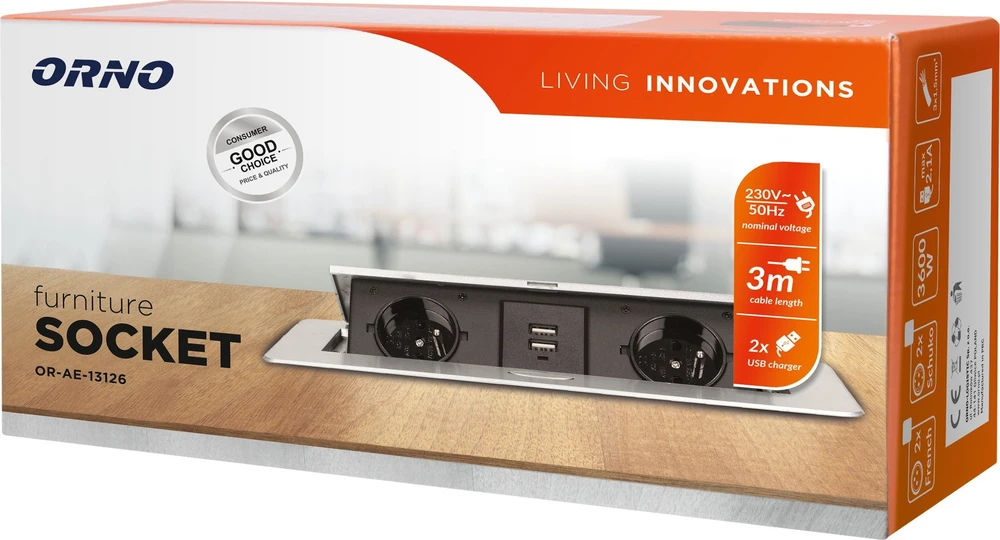 Orno Lizdas Baldų lizdas, įleidžiamas į stalviršį, su plokščiu frezuotu kraštu, USB įkrovikliu ir 3 m laidu, 2x2P+Z, 2xUSB, sidabrinis