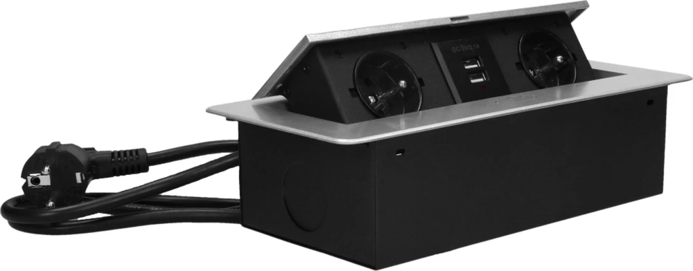 Orno Lizdas Baldų lizdas, įleidžiamas į stalviršį, su plokščiu frezuotu kraštu, USB įkrovikliu ir 3 m laidu, 2x2P+Z, 2xUSB, sidabrinis