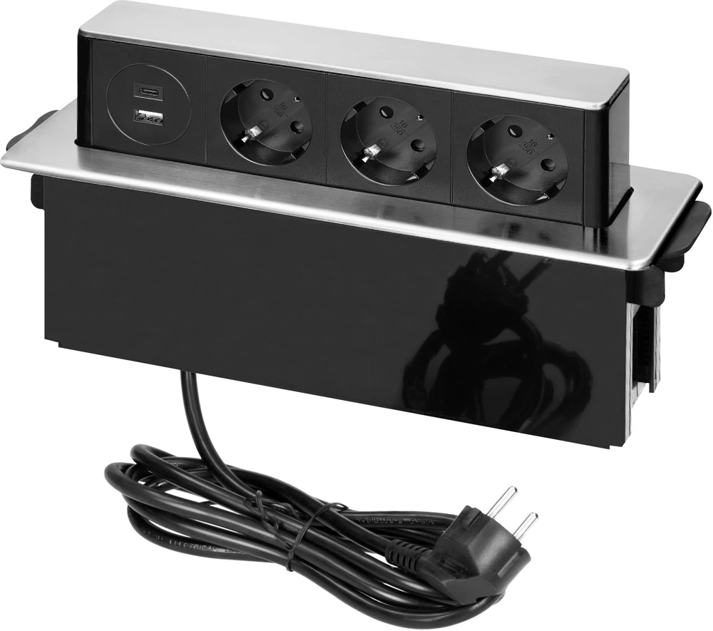 Orno Lizdas Baldinis lizdas, išsikišantis iš stalviršio, su plokščiu frezuotu kraštu, USB įkrovikliu ir 2 m laidu, 3x2P+Z (Schuko), 2 x USB (A+C tipo; PD20W), 3x1,5mm², INOX