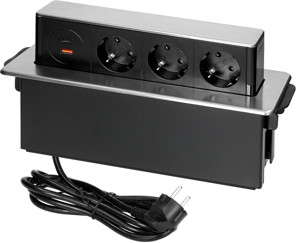 Orno Lizdas Baldinis lizdas, išsikišantis iš stalviršio, su plokščiu frezuotu kraštu, USB įkrovikliu ir 2 m laidu, 3x2P+Z (Schuko), 2 x USB (A+C tipo; PD20W), 3x1,5mm², INOX