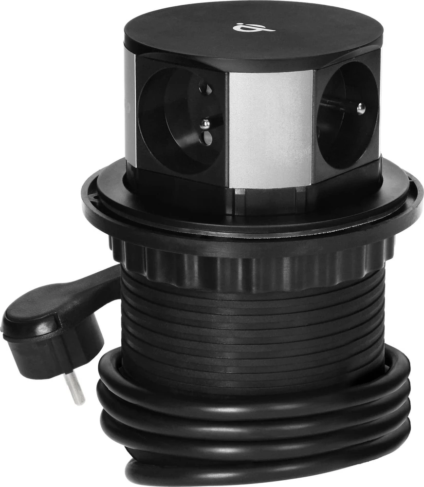Orno Lizdas Baldinis lizdas Ø10cm, ištraukiamas iš stalo su indukciniu įkrovikliu, USB įkrovikliu ir 1,5m laidu, 3x2P+Z, Qi 1.2.4 maks. 10W, USB A+C QC 3.0