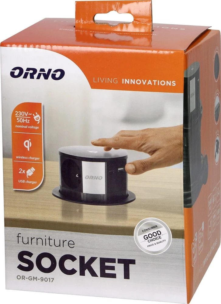 Orno Lizdas Baldinis lizdas Ø10cm, ištraukiamas iš stalo su indukciniu įkrovikliu, USB įkrovikliu ir 1,5m laidu, 3x2P+Z, Qi 1.2.4 maks. 10W, USB A+C QC 3.0