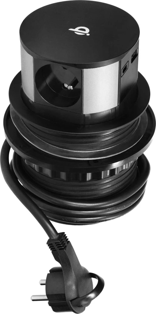 Orno Lizdas Baldinis lizdas Ø10cm, ištraukiamas iš stalo su indukciniu įkrovikliu, USB įkrovikliu ir 1,5m laidu, 3x2P+Z, Qi 1.2.4 maks. 10W, USB A+C QC 3.0