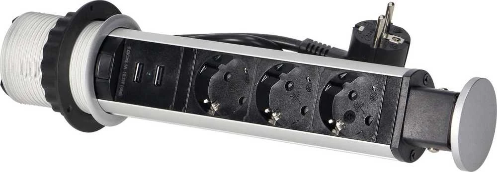 Orno Lizdas Baldinis lizdas Ø6cm, ištraukiamas iš stalviršio, su USB įkrovikliu, spyna ir 1,8m laidu, 3x2P+Z (Schuko), sidabrinis