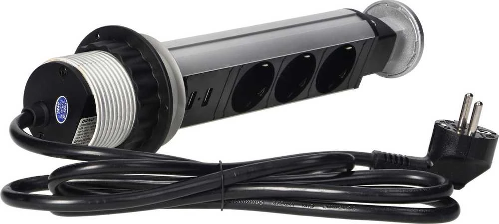 Orno Lizdas Baldinis lizdas Ø6cm, ištraukiamas iš stalviršio, su USB įkrovikliu, spyna ir 1,8m laidu, 3x2P+Z (Schuko), sidabrinis