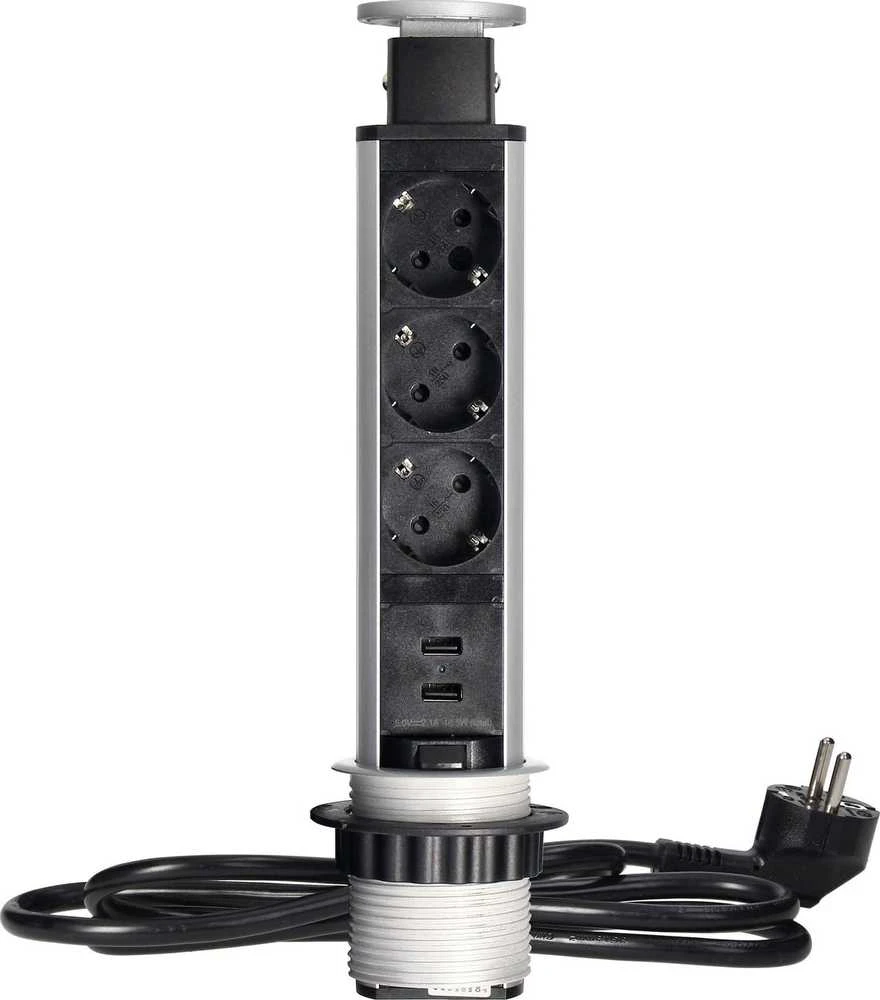 Orno Lizdas Baldinis lizdas Ø6cm, ištraukiamas iš stalviršio, su USB įkrovikliu, spyna ir 1,8m laidu, 3x2P+Z (Schuko), sidabrinis