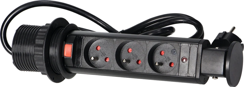 Orno Lizdas Baldų lizdas Ø6cm, ištraukiamas iš stalviršio, su spyna ir 1,8m laidu, 3x2P+Z, juodas
