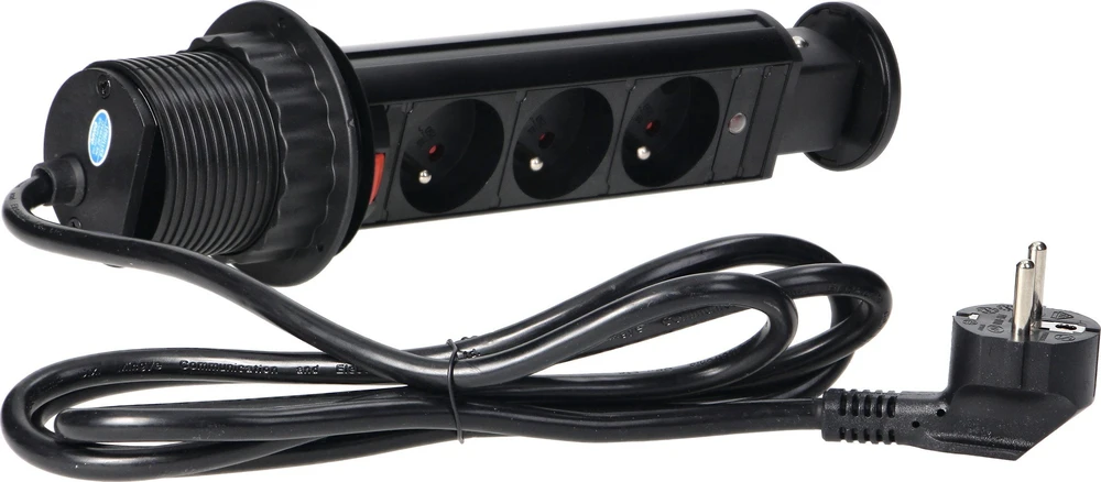 Orno Lizdas Baldų lizdas Ø6cm, ištraukiamas iš stalviršio, su spyna ir 1,8m laidu, 3x2P+Z, juodas