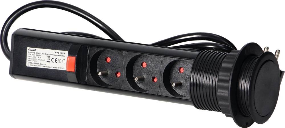 Orno Lizdas Baldų lizdas Ø6cm, ištraukiamas iš stalviršio, su spyna ir 1,8m laidu, 3x2P+Z, juodas