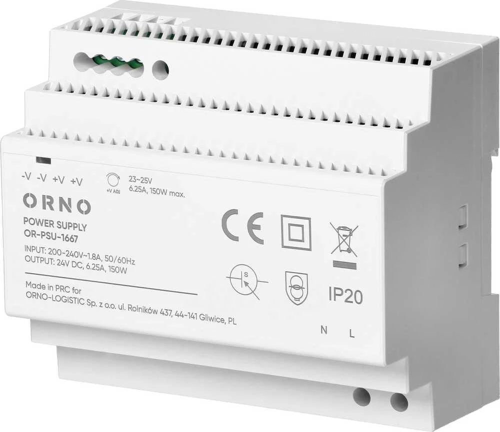Orno Maitinimo šaltinis Maitinimo šaltinis, montuojamas ant DIN bėgelio, 24 V nuolatinės srovės, 6,25 A, 150 W, 6 moduliai