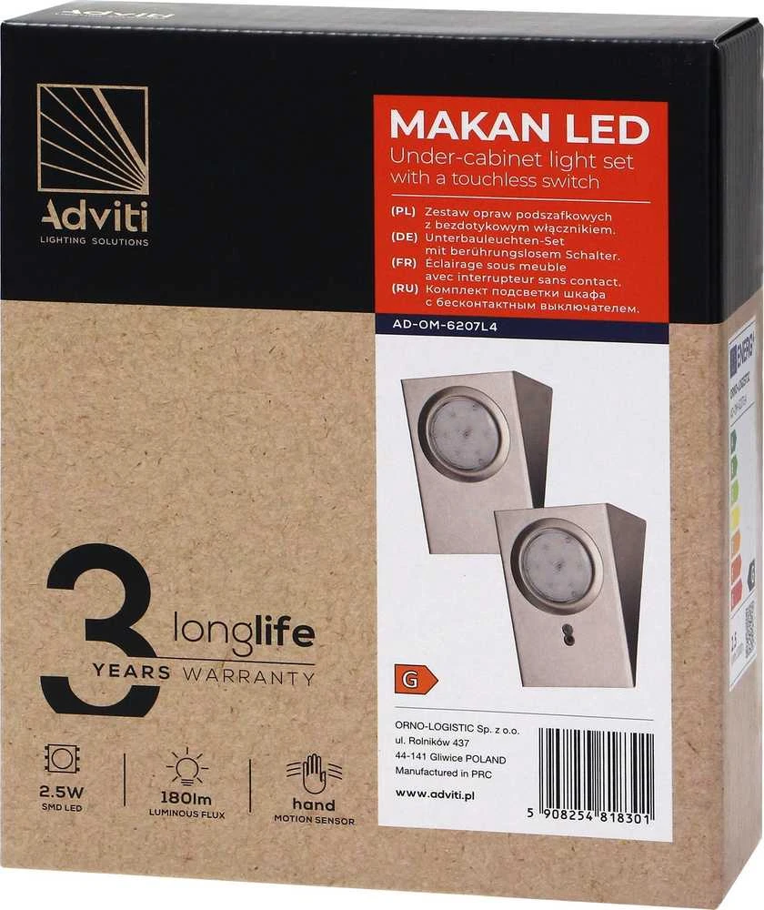 Orno Rinkinys MAKAN LED po spintele montuojamų šviestuvų komplektas 2W, 180lm, 4000K, su bekontakčiu jungikliu, INOX