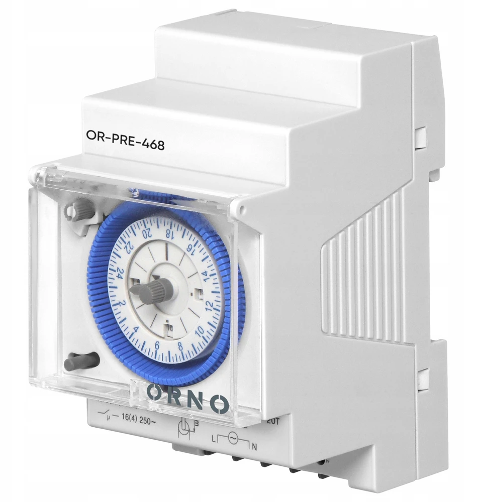 Orno Mechaniczny Mechaninis laikmatis, 3 moduliai, 24 valandos, mažiausiai 15 minučių, 110–230 V kintamoji srovė, 200 valandų rezervas