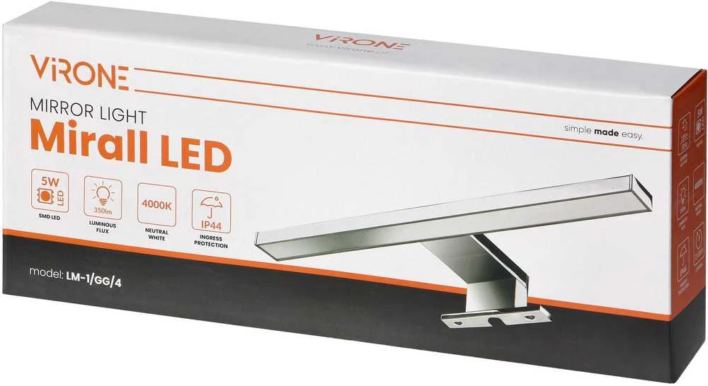 Sieninis šviestuvas Orno MIRALL LED 5W, veidrodinė lempa, 350lm, 4000K, ilgis 30 cm, plastikinė