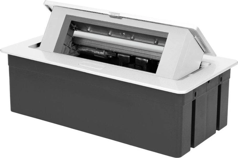 Orno NOEN baldų kasetė, įleidžiama į stalviršį, su integruotu PVC rėmu moduliniams lizdams 3 x 45x45mm arba 6 x 22,5x45mm, 1,5m laidas, balta