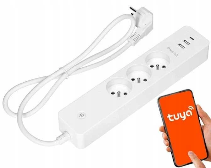 Orno Przedłużacz „Tuya“ išmanusis „Wi-Fi“ 3 lizdų prailgintuvas su įžeminimu ir 3 USB jungikliu, baltas