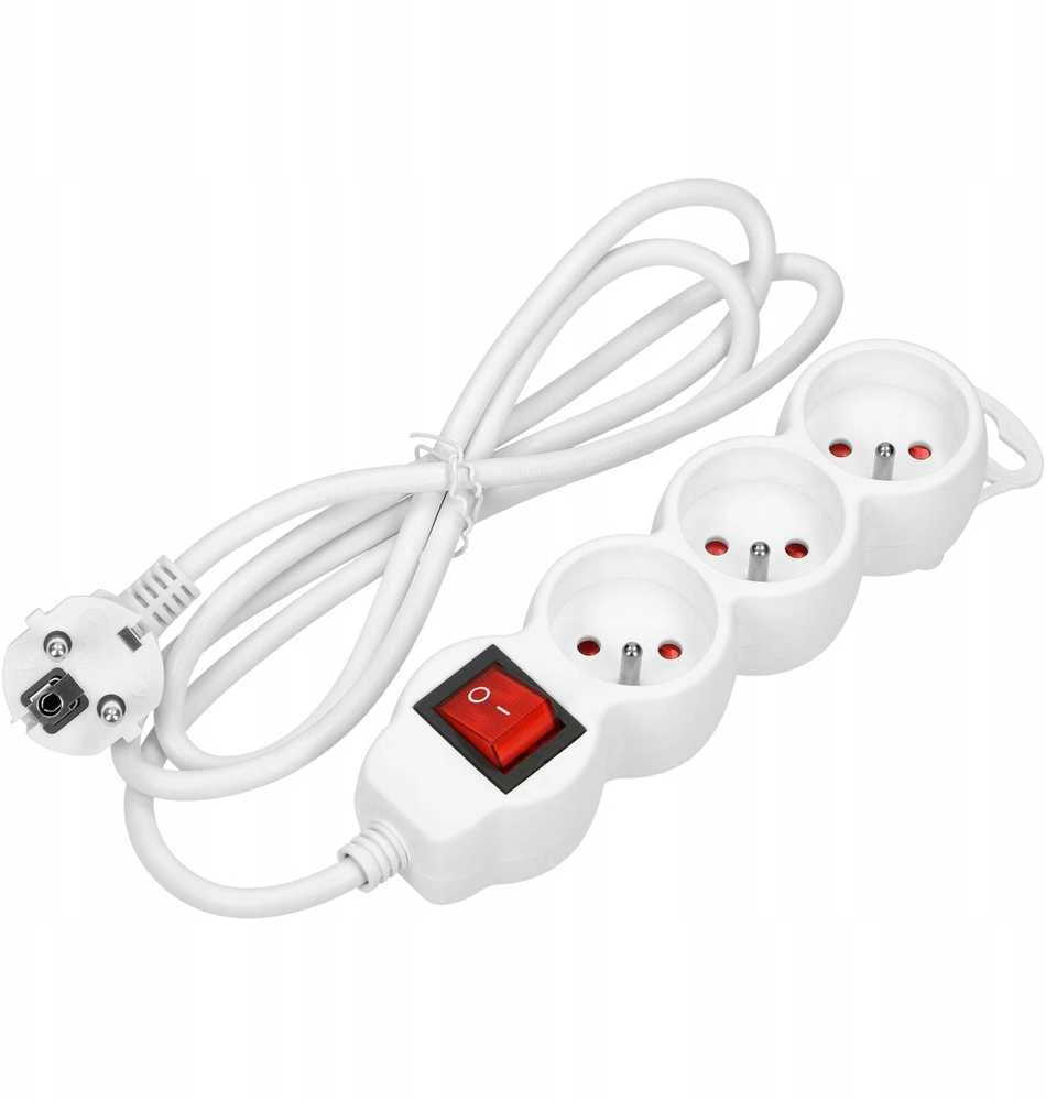 Orno Przedłużacz 3 krypčių prailgintuvas 2P+Z, su jungikliu, 3m H05VV-F 3x1.5mm2, Imax=16A, plokščias kištukas, baltas