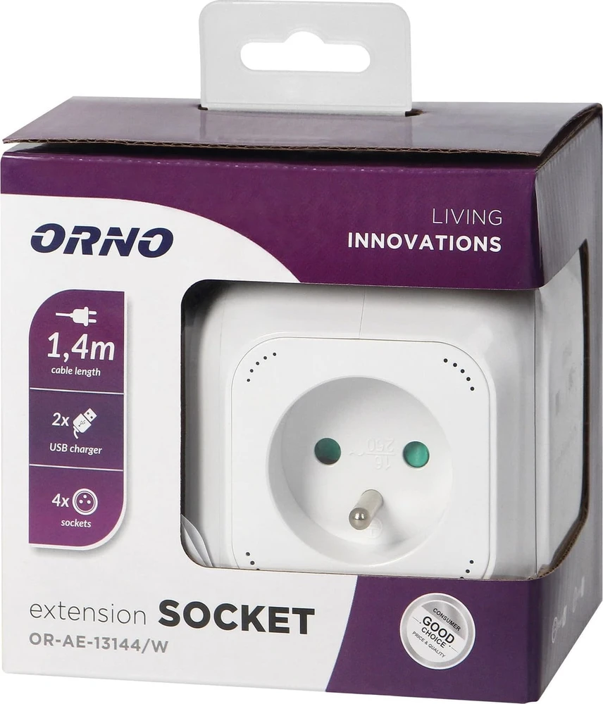Orno ilgintuvai 4 x 2P+E, 2xUSB įkrovikliai, 1.4m H05VV-F 3x1mm2, baltas (OR-AE-13144/W)