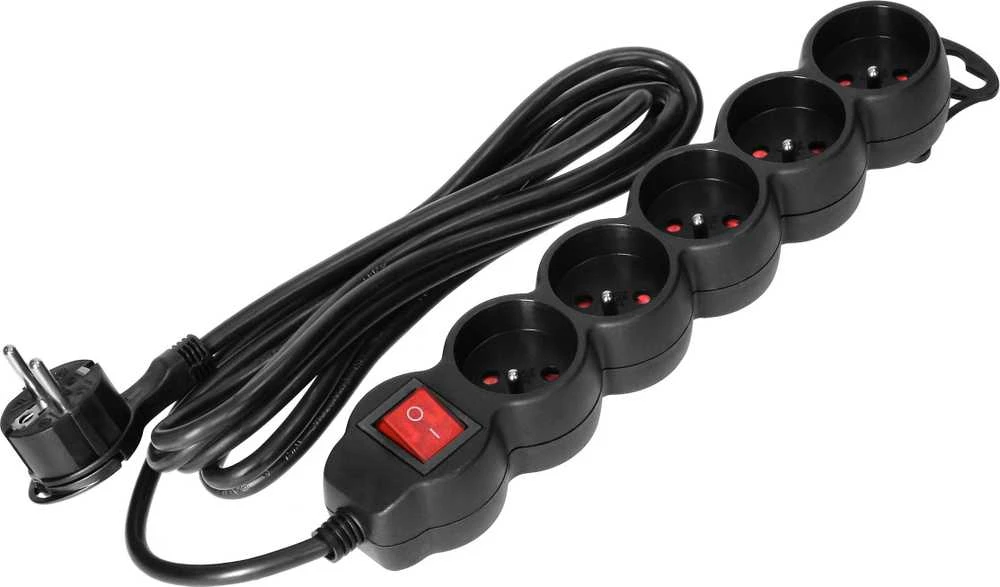 Orno Przedłużacz 5 kontaktų prailgintuvas 2P+Z, su jungikliu, 5m H05VV-F 3x1.5mm2, Imax=16A, plokščias kištukas, juodas