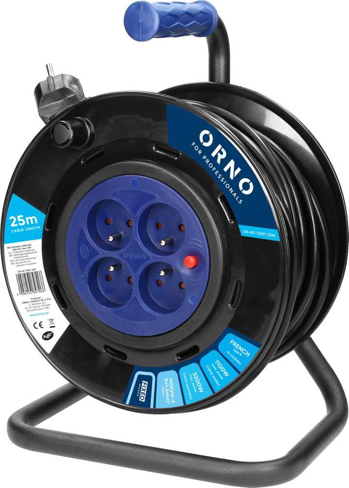 Orno prailginimo laido ritė, 4 lizdai 2P+Z, PVC kabelis H05VV-F 3x1,5mm-, ilgis 25m, fiksuoti lizdai, šiluminė apsauga, srovės kelio sklendės.