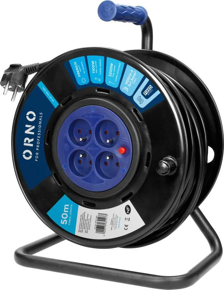 Orno Przedłużacz Ilgintuvo ritė, 4 lizdai 2P+Z, PVC kabelis H05VV-F 3x1,5mm², ilgis - 50m, FIKSUOTI LIZDAI, termorelė, srovės kelio sklendės