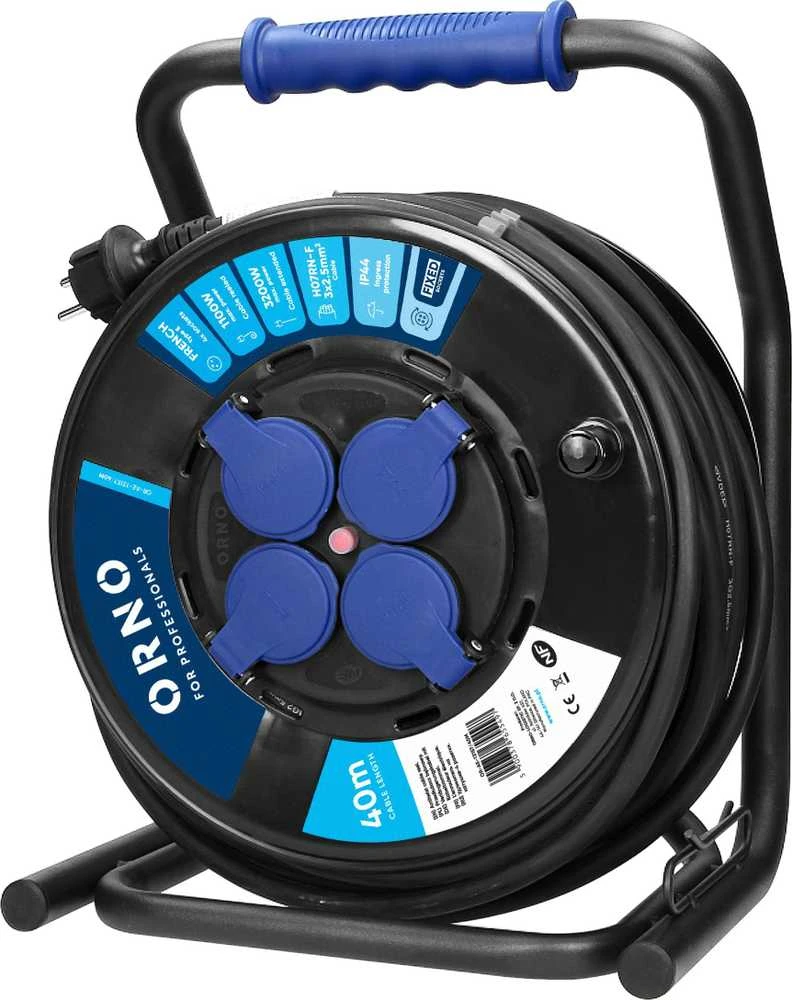 Orno Przedłużacz Profesionalus IP44 prailginimo laido ritė, 4 lizdai 2P+Z, alyvai atsparus guminis kabelis, H07RN-F 3x2,5mm², ilgis 40m, unikalus CUBE stovas, FIKSUOTI LIZDAI, šiluminė perkrovos apsauga, srovės kelio sklendės.