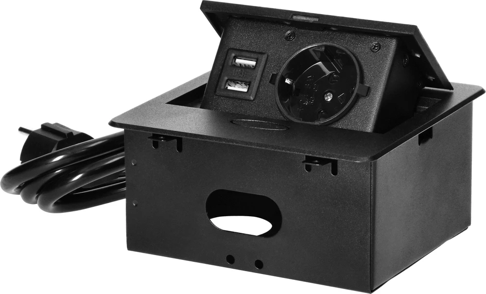 Orno Wpuszczane Įleidžiamas baldų lizdas su USB įkrovikliu ir 1,5 m laidu, 1x2P+Z Schuko, 2xUSB (A tipo, 2,1A), plokščiu frezuotu kraštu, juodas