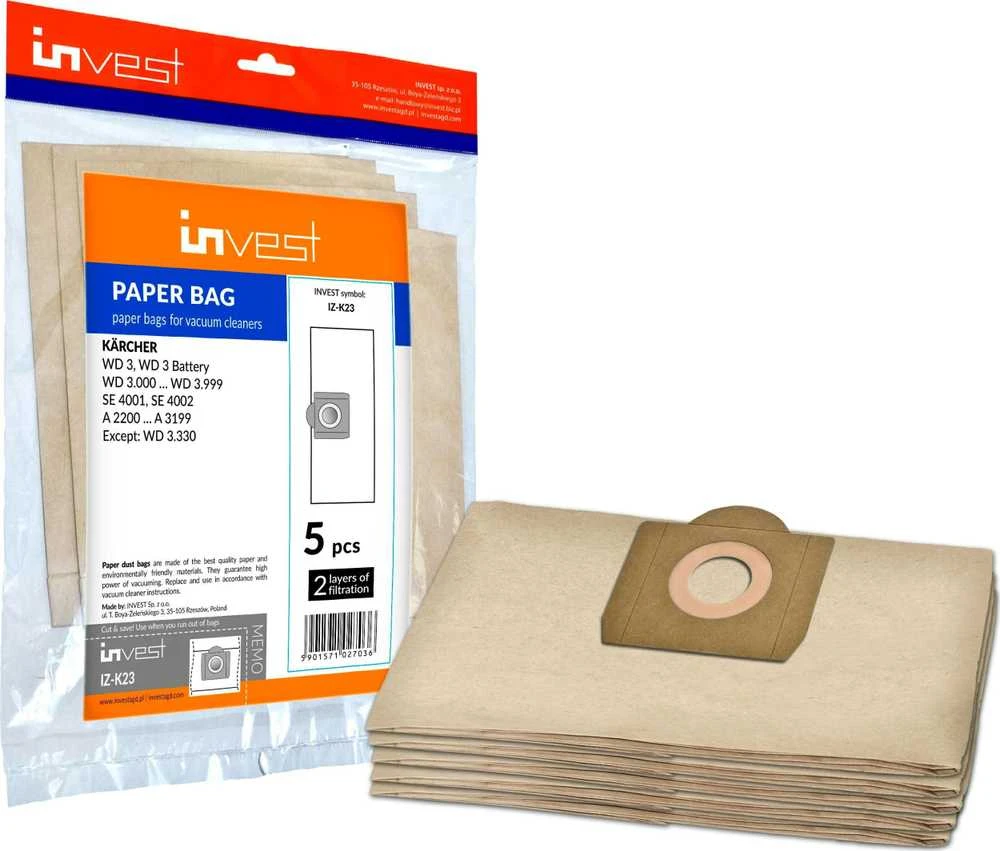 Drėkintuvas Invest Eco Paper Dulkių siurblių maišeliai Karcher WD 3 300 M / WD3 SE 4001 SE 4002 (5vnt.) 6.959-130.0