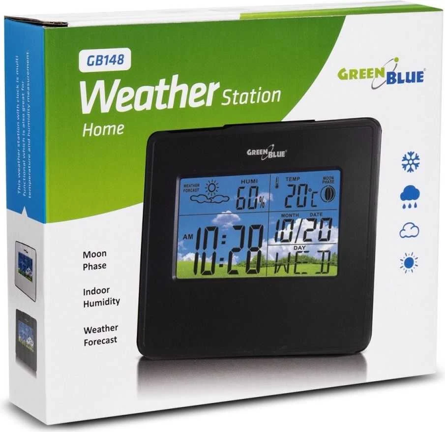 GreenBlue Stacja Meteorologinė stotelė, laikrodis, kalendorius, mėnulio fazė, žalia, mėlyna, GB148B, juoda