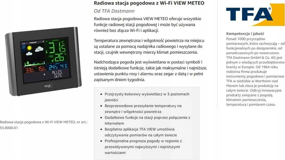 Orų stotelė TFA TFA 35.8000.01 VIEW METEO WLAN Radio Orų stotelė