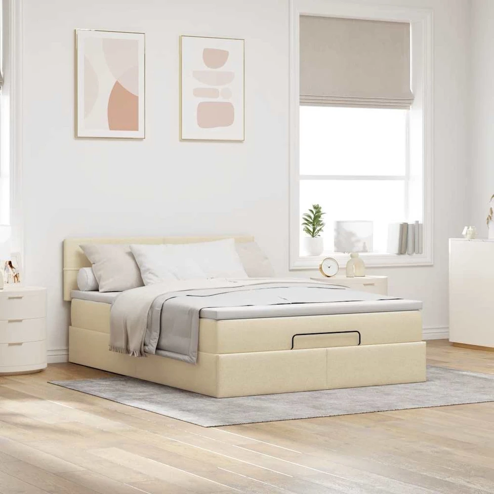 Osmanų lova su čiužiniu ir LED kreminiu 140x200 cm audiniu