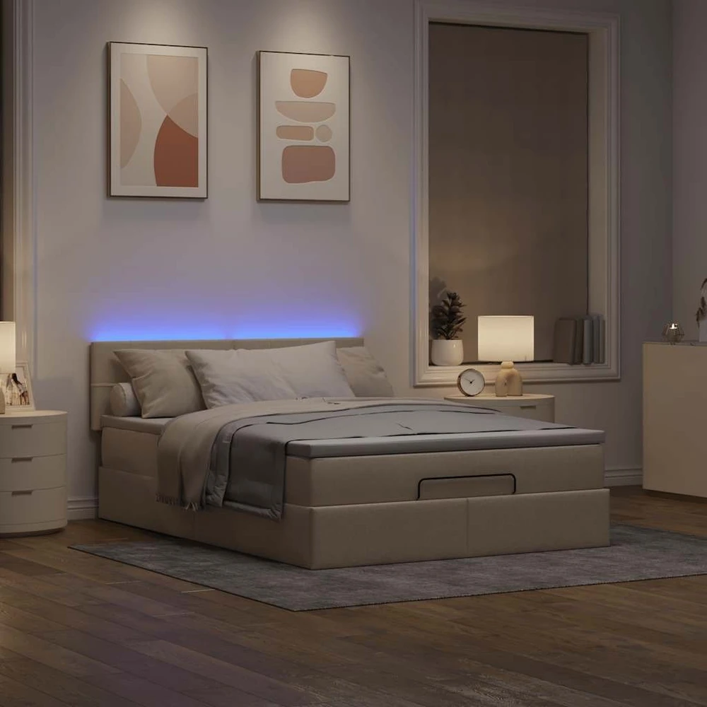Osmanų lova su čiužiniu ir LED kreminiu 140x200 cm audiniu