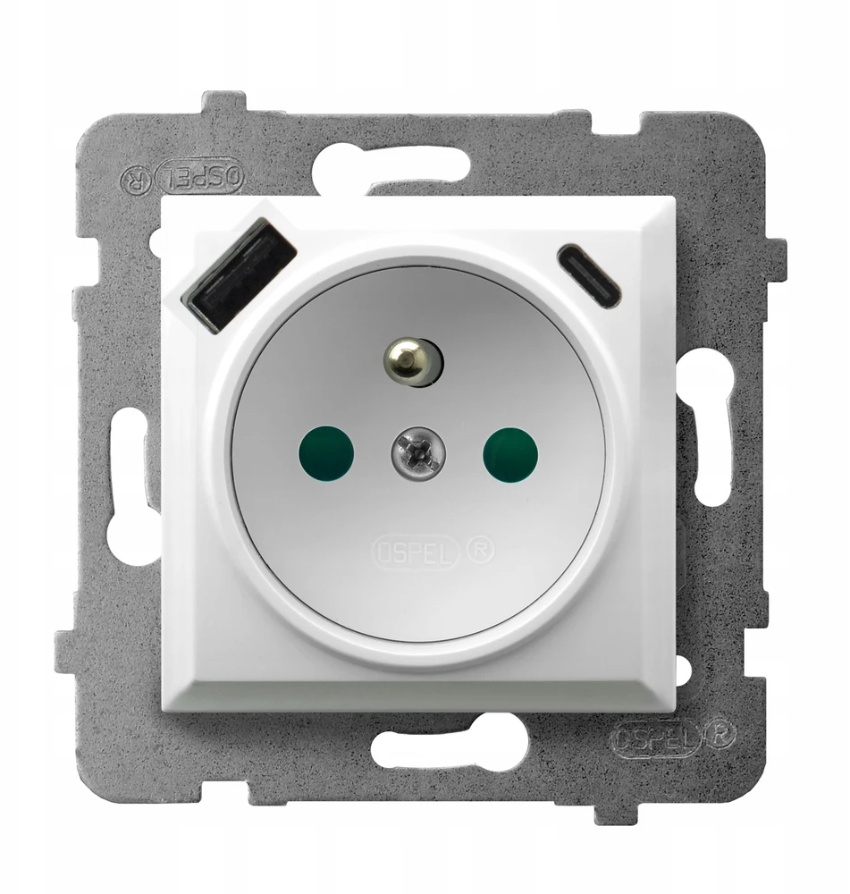 Ospel GP-1UZPUSBAC/m/00 ARIA Viengubas lizdas su įžeminimu ir srovės kelio skląsčiais, su USB A+C įkrovikliu, baltas GP-1UZPUSBAC/m/00