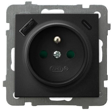 Ospel GP-1GZPUSBAC/m/45 AS Viengubas lizdas su įžeminimu ir srovės kelio sklendėmis, su USB įkrovikliu A+C, atlasinis apšvietimas GP-1GZPUSBAC/m/45