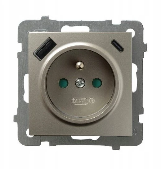 Ospel GP-1GZPUSBAC/m/45 AS Viengubas lizdas su įžeminimu ir srovės kelio sklendėmis, su USB įkrovikliu A+C, atlasinis apšvietimas GP-1GZPUSBAC/m/45