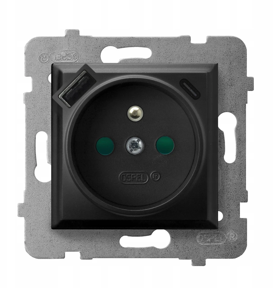 Ospel GP-1UZPUSBAC/m/33 ARIA Viengubas lizdas su įžeminimu ir srovės kelio skląsčiais, su USB A+C įkrovikliu, juodos spalvos GP-1UZPUSBAC/m/33