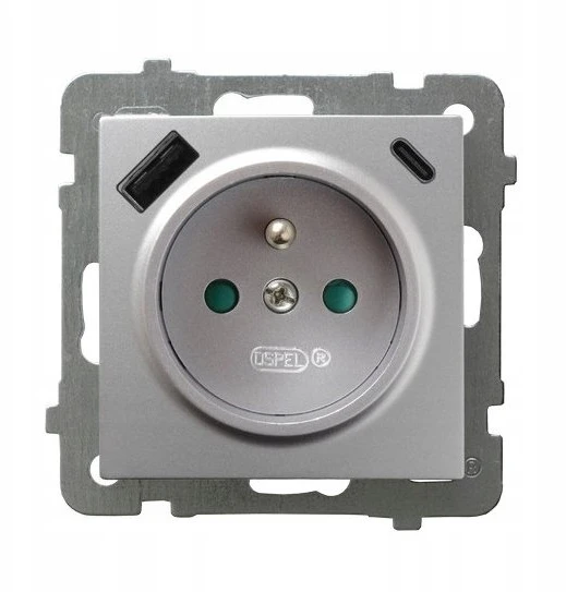 Ospel GP-1GZPUSBAC/m/18 AS Viengubas lizdas su įžeminimu, srovės kelio skląsčiais, su USB įkrovikliu A+C, sidabrinis GP-1GZPUSBAC/m/18