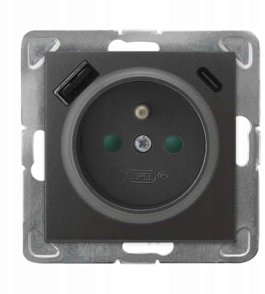 Ospel GP-1YZPUSBAC/m/50 IMPRESJA Viengubas lizdas su įžeminimu ir srovės kelio sklendėmis, su USB A+C įkrovikliu, antracito spalvos GP-1YZPUSBAC/m/50