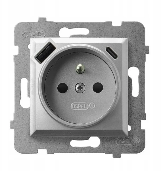 Ospel GP-1UZPUSBAC/m/18 ARIA Viengubas lizdas su įžeminimu ir srovės kelio skląsčiais, su USB A+C įkrovikliu, sidabrinis GP-1UZPUSBAC/m/18