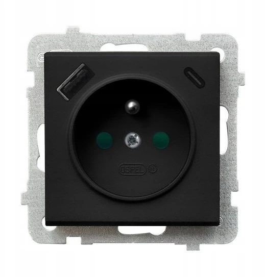 Ospel GP-1RZPUSBAC/m/38 SONATA Viengubas lizdas su įžeminimu ir srovės kelio sklendėmis, su USB įkrovikliu A+C, matinės sidabrinės spalvos GP-1RZPUSBAC/m/38