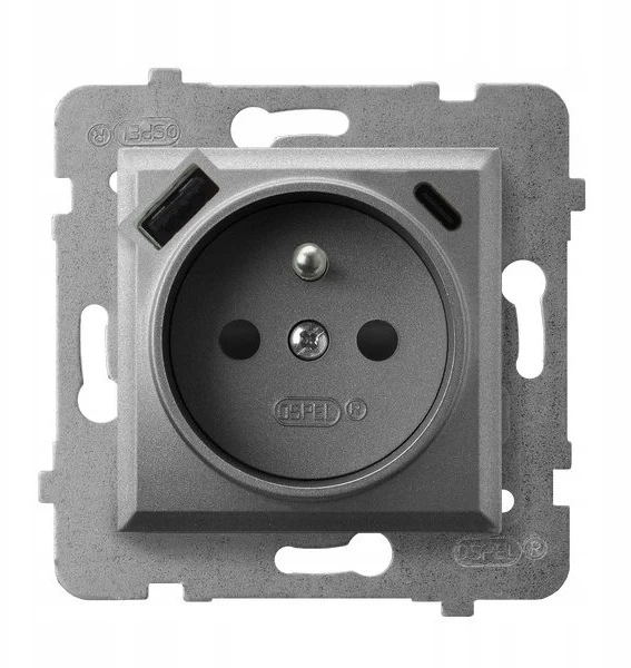 Ospel GP-1UZPUSBAC/m/70 ARIA Viengubas lizdas su įžeminimu, srovės kelio skląsčiais ir USB įkrovikliu, A+C, matinės pilkos spalvos GP-1UZPUSBAC/m/70