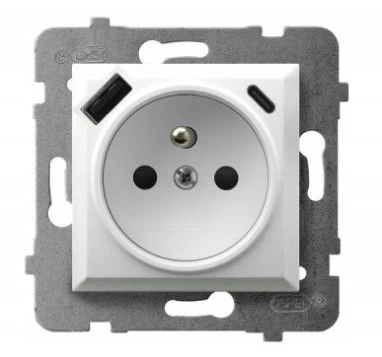 Ospel GP-1UZPUSBAC/m/70 ARIA Viengubas lizdas su įžeminimu, srovės kelio skląsčiais ir USB įkrovikliu, A+C, matinės pilkos spalvos GP-1UZPUSBAC/m/70