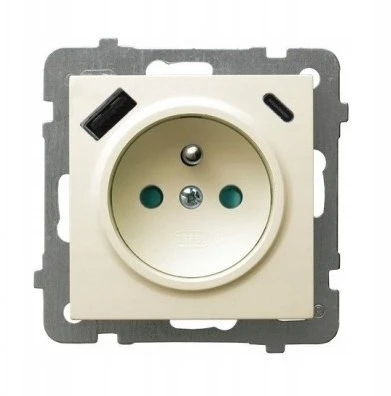 Ospel GP-1GZPUSBAC/m/27 AS Viengubas lizdas su įžeminimu ir srovės kelio skląsčiais, su USB A+C įkrovikliu, ekru spalvos, GP-1GZPUSBAC/m/27