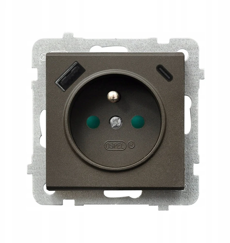 Ospel GP-1RZPUSBAC/m/40 SONATA Viengubas lizdas su įžeminimu ir srovės kelio skląsčiais, su USB A+C įkrovikliu, šokolado metalo spalvos GP-1RZPUSBAC/m/40