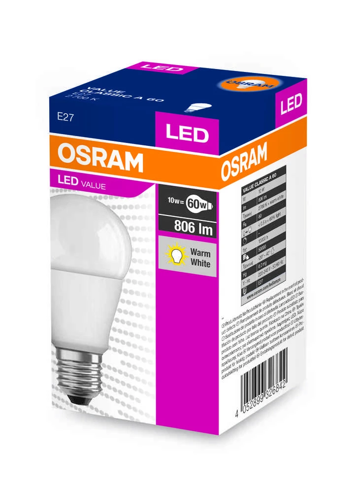 LED lemputė OSRAM, A60, E27, 8,5 W, 806 lm, 2700 K