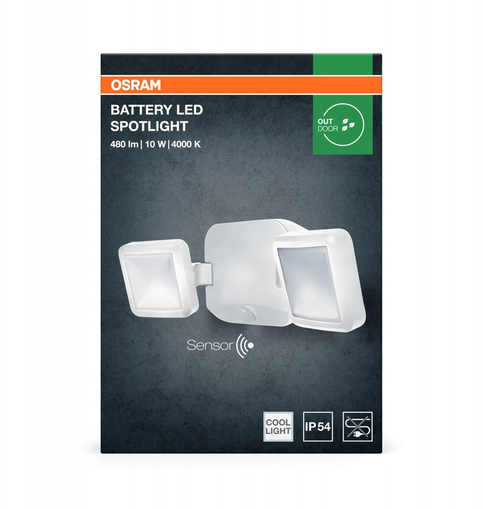 Osram 10W LED sieninis lauko šviestuvas, baltas, 4000K, su baterija ir judesio davikliu, IP54