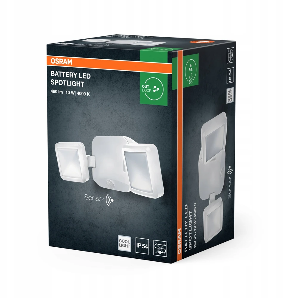Osram 10W LED sieninis lauko šviestuvas, baltas, 4000K, su baterija ir judesio davikliu, IP54