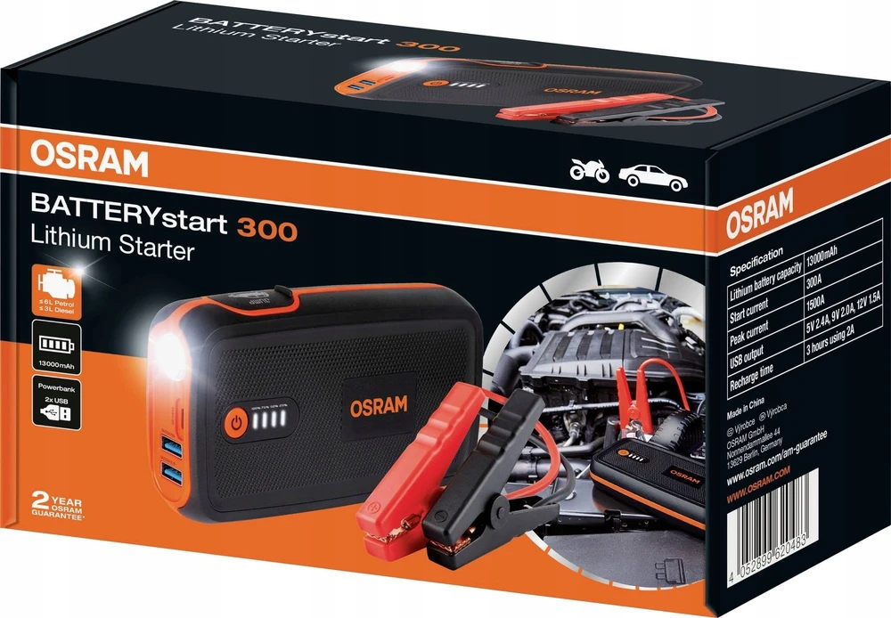 OSRAM ACE akumuliatorius-užvedėjas, ličio 13000 mAh, min srovė 300A. max srovė 1500A ,5V 2,4A,9V2.0