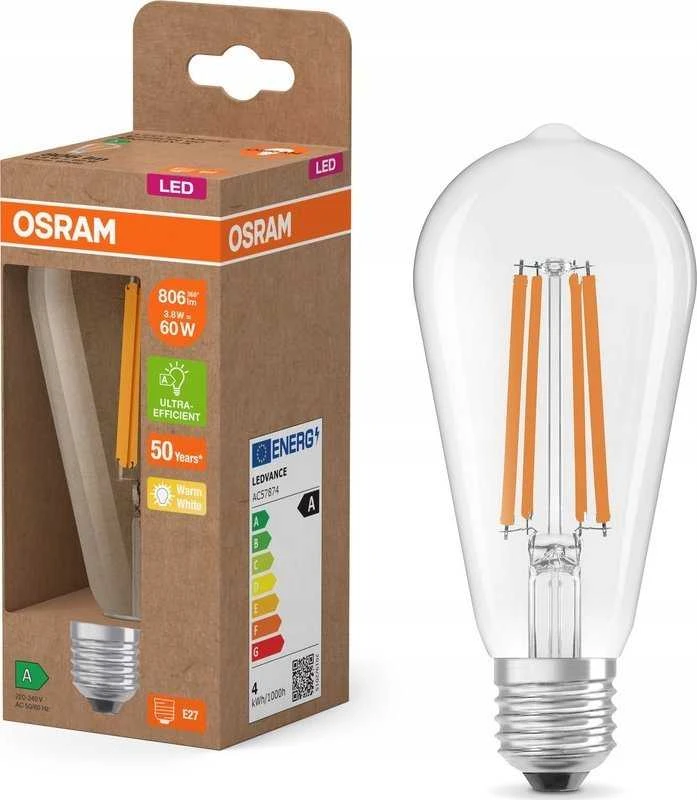 Osram LED LEMPUTĖ, ST64, E27, 4W, 830, 840LM, FILAMENTINĖ, ULTRA