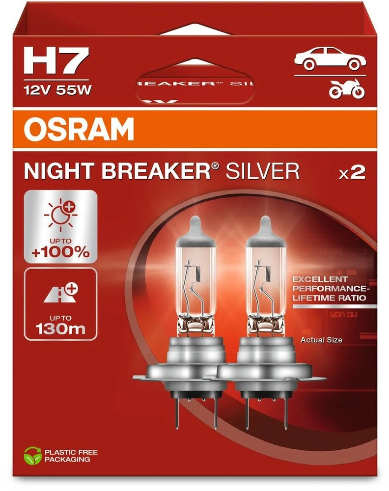 OSRAM Automobilinės lemputės NIGHT BREAKER Sidabrinis +100% H7 55W 12V PX26D, 2vnt